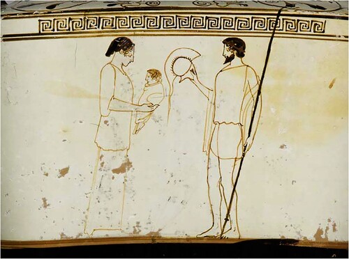 Figure 5. Athenian white-ground lekythos, showing a woman holding a swaddled infant beside a departing warrior. Antikensammlung, Berlin F2444. © Antikensammlung, Berlin.