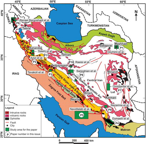 Figure 1. Simplified geology map of Iran(Stöcklin and Nabavi Citation1973). The studied areas for the papers are indicated.