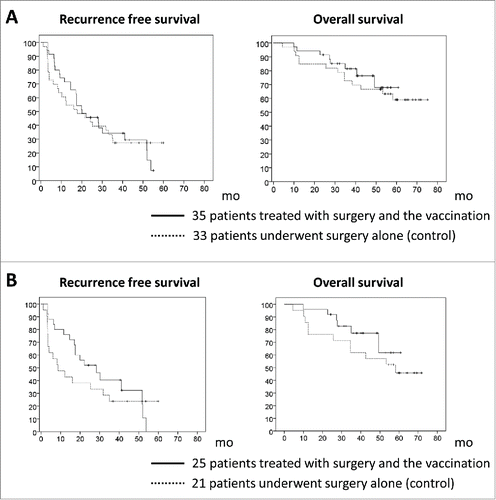 Figure 4. Kaplan–Meier curves for recurrence-free and overall survival. (A) Thirty-five patients treated with surgery and vaccination did not have significantly longer recurrence-free survival or overall survival rates than the 33 patients who underwent surgery only. (B) Among patients with glypican-3 (GPC3)-positive tumors, the recurrence rate was significantly lower in the 25 patients treated with surgery and vaccination compared to the 21 patients who underwent surgery only (24% vs. 48% and 52.4% vs. 61.9% at 1 and 2 y, respectively; p = 0.047, 0.387). The 25 patients treated with surgery and vaccination tended to have longer recurrence-free and overall survival rates compared to the 21 patients who underwent surgery only.