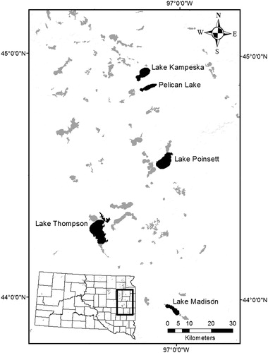Figure 1. Five glacial lakes sampled for aquatic macroinvertebrates in the Prairie Pothole Region of eastern South Dakota during September 2012. Sampling in each lake occurred at one primary boat ramp and one secondary boat ramp.