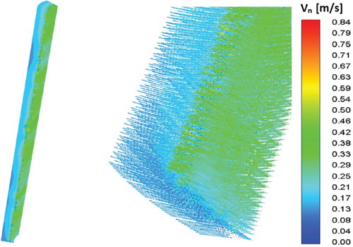 Figure 15. Steady-state air velocity vectors on a vertical plane section through the filter (left-hand side) and detailed 3d view (right-hand side) of the lower end of the filter above the capillary fringe. The CFD simulation was carried through at a volumetric flux of 750m3/h.