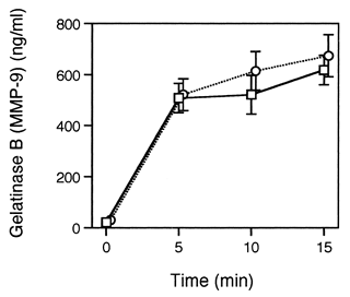 Figure 3. Effects of the PEG-HbV pretreatment on the gelatinase B (MMP-9) release from the PMNs. The PMNs were preincubated for 30 min with (circle) or without (square) PEG-HbV at 600 mg/dl Hb. After being washed, the PMNs were stimulated with 1 μM fMLP for the indicated times. The levels of gelatinase B released into supernatant were determined by a total MMP-9 ELISA system. Values are means ± SE (N=5).