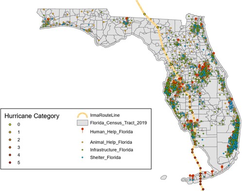 Figure 5. Toponym recognition applied to locate Twitter posts during 2017 Hurricane Irma.