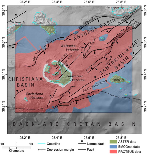 Figure 2. Shaded-relief image of the Christiana-Santorini-Kolumbo Volcanic Group and surrounding geographic features from mosaicked ASTER and EMODnet DEMs; artificially illuminated from the northwest. Box represents map area; colors represent data coverage: onshore ASTER data (30 m/pixel), offshore EMODnet data (107 m/pixel), and offshore ‘Plumbing Reservoirs Of The Earth Under Santorini’ (PROTEUS) data (20 m/pixel) merged with swath data from previous surveys (Hooft et al., Citation2017; Nomikou et al., Citation2012, Citation2013; Nomikou et al., Citation2014); white areas undefined due to missing data which is typical in the foreshore (intertidal) region. Faults adapted from CitationHooft et al. (Citation2017); ball and bar on hanging wall.