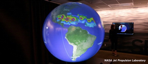 Figure 3. An innovative and interactive technology to display layers in 3D. Most of the data sets in the Science On a Sphere® catalog were created by NOAA and NASA and are freely available for public use. Others have been created by science museums, universities, and other individuals. The Magic Planet © NASA Jet Propulsion Laboratory.
