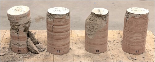 Figure 3. Cylinder samples used in the compression test; samples 2 and 4 showed lower compressive strengths.