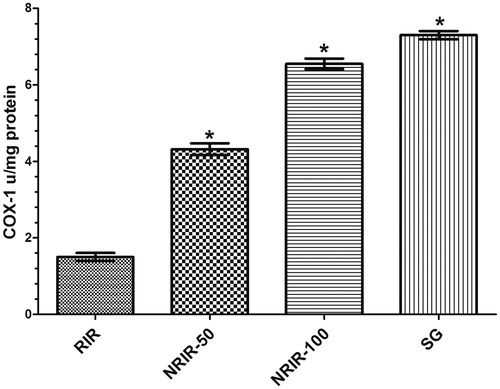 Figure 5. COX-1 activity in RIR, NRIR-50, NRIR-100, and SG groups in rat renal tissue. NRIR-50, NRIR-100, and SG groups compared with the RIR group. *p < 0.0001.