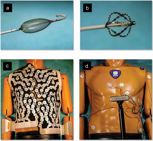 Figure 1. Representation of the features utilized in the above described four mapping technologies. (A) Balloon catheter utilized in EnSite Array technology. (B) The AcQMap basket catheter. The distal end of this catheter is formed by six splines, each spline has eight ultrasound transducers interspersed between eight biopotential electrodes. (C) 252-electrode vest placed on the patient’s chest, utilized in the CardioInsight technology. (D) Patches placed on the patient’s chest, the 12-lead ECG and the camera, utilized in the VIVO technology.