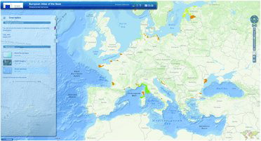 Figure 1. General appearance of the viewer welcoming users to the European Atlas of the Seas, centred on the European continent. The window on the right allows to select data layers and related fact sheets, while the tools on the left provide zooming and navigation capabilities within the displayed data layer.