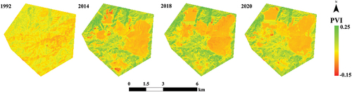 Figure 11. PVI images of the zijin mining area in 1992, 2014, 2018, and 2020.