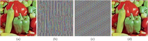 Figure 10. (a) Original Peppers image, (b) Image after Modified Caesar Cipher encryption, (c) Final encrypted image after Card Deck Shuffle Rearrangement, (d) Decrypted image.