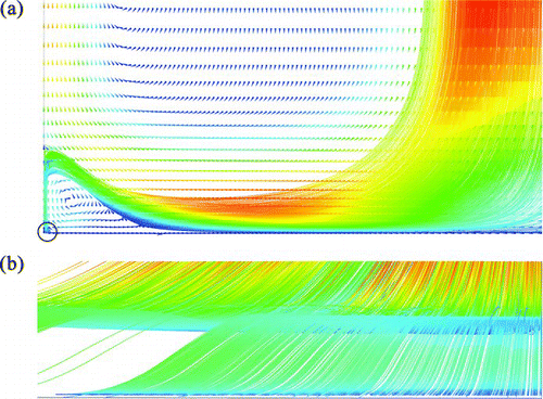 FIG. 7 CFD particle trajectories at midline deposit location for NSR = 2.5, Re = 1000 and Display full size, (a) particle trajectories, end view, (b) particle trajectories, side view. (Color figure available online.)