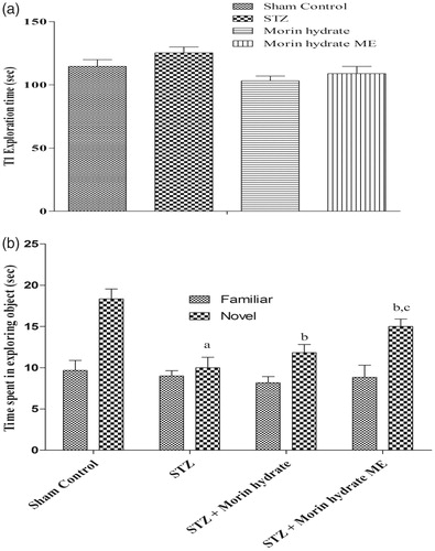 Figure 6. Effect of morin hydrate on memory performance in object recognition test in ICV-STZ infused rats (a) acquisition phase, trail-1 and (b) retention phase, trail-2. Values are expressed as aP < 0.05 versus sham control, bP < 0.05 versus STZ-; cP < 0.05 versus STZ + morin hydrate.
