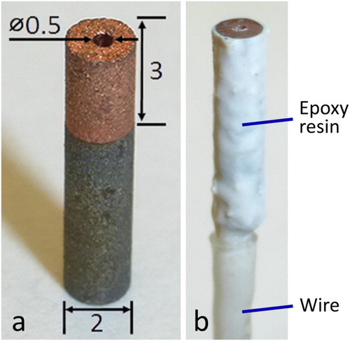 Figure 2. Cu-coated steel sample with a hole drilled through the Cu to the steel; (a) uncoated, (b) with a wire connector covered with PTFE and coated with Torr Seal® epoxy. Dimensions are in millimetres.