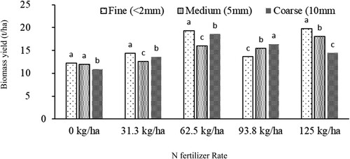 Figure 4. Effect of inorganic N fertilizer rates and biochar sizes on biomass yield of lettuce at harvest (average of two cropping seasons) grown in moist semi-deciduous rainforest of Ghana. Bars with different letters are significantly different at P < 0.05.