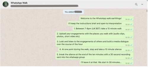 Figure 5. Screenshot of the WhatsApp Walk group with the instructions for the activity.