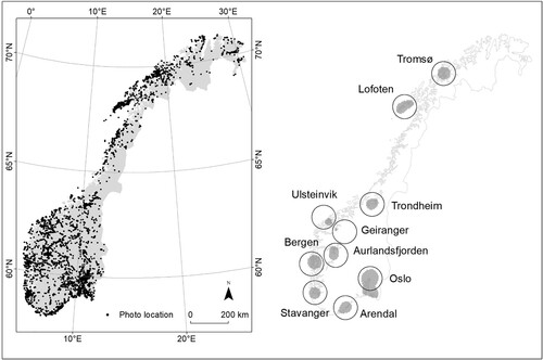 Fig. 5. Location of the 11,575 unique photo points (left-hand side) and top 10 photo locations, based on kernel density with a 50,000 m search radius and 5000 m cell size (right-hand side)