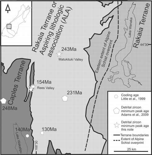 Figure 1 Sample locations from the Rees and Matukituki Valley and the terrane boundaries in Otago. Dates are maximum time of sedimentation for samples from this note and from Adams et al. (Citation2009). The metamorphic cooling ages are from Little et al. (Citation1999). Approximate Alpine Schist overprint boundary from Mortimer (Citation2000). Terrane boundaries are from Turnbull (Citation2000). Shading shows the ALA and the Caples and Rakaia terranes.