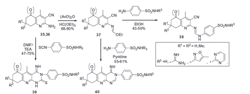 Scheme 16. Preparation of quinoline and pyrimidoquinoline sulfonamide derivatives 38–40.