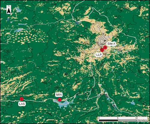 Figure 2 Topographic map of the regions surrounding the fieldsite, with the fieldsite and locations of the three meteorological sites marked (see also Table 3).