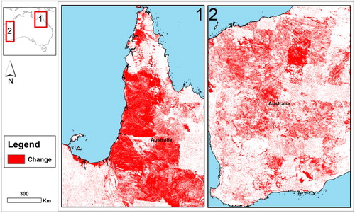 Figure 13. Spatial patterns of land cover changes across Australia within 2000–2010 are represented in red colour (colour online only).