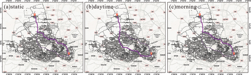 Figure 12. The results of the first group of tests select different time periods and carry out comparative experiments. Static (a) and fuzzy impedance models (b-c) routing results comparison in daytime and morning.