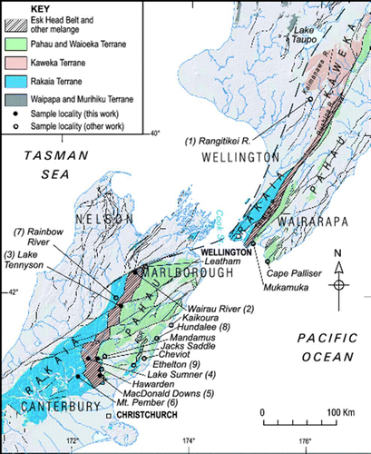 Figure 1  Basement rocks of the northern South Island and southern North Island, New Zealand, showing the main study area with sample localities and numbers of this and previously published geochronological studies (locality numbers in italics in brackets) and other places mentioned in text. Rakaia, Kaweka and Pahau Terranes of the Torlesse Composite Terrane are shown separately. Solid dashed line is the Torlesse/Waipapa Terrane boundary. Esk Head Belt and other melange belts (RSR Random Spur Melange, South Island; Rimutaka Melange, North Island) are indicated by diagonal ruling.