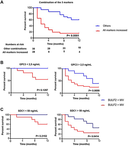 Figure 6 Prognostic values of SULF2 in combination with Heparan Sulfate Proteoglycans (GPC3 and SDC1) serum levels in patients with advanced HCC. (A) Patients with advanced HCC were stratified according to the median levels of circulating biomarkers, patients with high levels of SULF2 (> 65.2 ng/mL) combined with high levels of circulating glypican-3 (> 2.5 ng/mL) and high levels of circulating syndecan-1 (< 50 ng/mL), referred as “All markers increased” were compared to the other patients. The combination of elevated serum levels for the 3 biomarkers was associated with a strong risk of death in patients with advanced hepatocellular carcinoma. (B) Patients with advanced HCC were stratified according to the median level of serum SULF2 (< 65.2 ng/mL or > 65.2 ng/mL) in patients whom circulating GPC3 levels were under 2.5 ng/mL and, separately, in patients whom circulating GPC3 levels were over 2.5 ng/mL. (C) Patients with advanced HCC were stratified according to the median level of serum SULF2 (< 65.2 ng/mL or > 65.2 ng/mL) in patients whom circulating SDC1 levels were under 50 ng/mL and, separately, in patients whom circulating SDC1 levels were over 50 ng/mL. The Kaplan–Meier method was used to estimate overall survival in these groups and comparison was done using the log rank test. Numbers at risk are shown under the x-axis.
