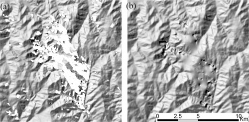 Figure 2. Comparison of SRTM product before and after void filling. (a) SRTM version 1, contains obvious void areas. (b) SRTM version 4.1 after void filling. Image location is shown in Figure 1A.