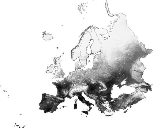 Figure 4. Pilot map showing the probability of occurrence for the Turtle Dove Streptopelia turtur in all 10 × 10 km squares in Europe based on EBBA2 spatial distribution modelling (light-dark grey indicates low-high probability of occurrence, respectively).