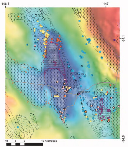 Figure 5. Areas of contact metamorphism (horizontal striped polygons) within Walleroobie Ignimbrite, Ardlethan area. Polygons overlie the Lachlan Orogen layer of the NSW Seamless Geology (stippled patterns; V-stippled pattern is the Gurragong Group volcanic rocks; Colqhuhoun et al., 2019), and a Bouger gravity image. Coloured symbols represent samples with petrographic analysis: red polygons, Walleroobie Ignimbrite (WI); purple polygons, contact metamorphosed WI; orange polygons, Indarra Tuff; yellow polygons, Mount Ariah Rhyolite (yellow triangle, autobreccia); pink circles, granitic rocks; blue circles, Ordovician meta-sedimentary rocks; purple square, schist.