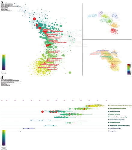 Figure 7. Visual analysis of cocited references. (A) Cluster analysis of cocited references. (B) The clustering timeline map of cocited references.