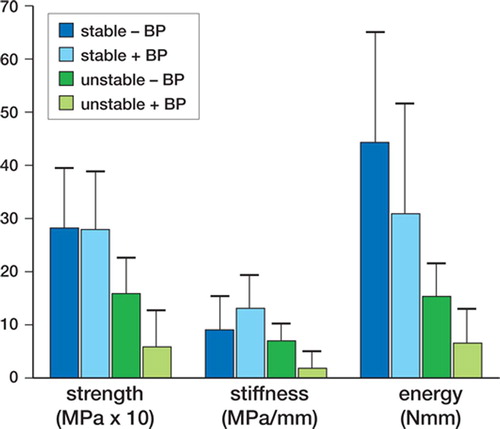 Figure 2. Implant shear pushout test. Bars represent stable and unstable implants with and without the bisphosphonate alendronate (+ BP and – BP).
