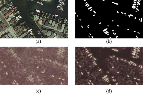 Figure 7. The feature map visualization results of FCN8s for the port scene. (a) original image, (b) reference binary chart (black is the background, white is the small objects), (c) FCN8s, and (d) FCN8s w/HU-Loss.