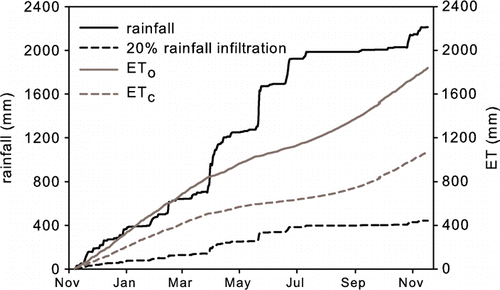 Figure 6  Cumulative rainfall, estimated rainfall infiltration, ETo and ETc over the duration of the blueberry field trial.
