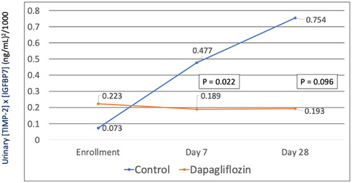 Figure 1. Effects of dapagliflozin on urinary [TIMP-2] × [IGFBP-7] in patients with acute heart failure treated with dapagliflozin (n = 12, orange line) or control (n = 13, blue line). Data are shown as mean urinary [TIMP-2] × [IGFBP-7] at baseline, after 7, and 28 days. p-value compared changes from baseline between both groups.