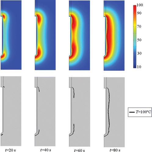 Figure 8. Temperature distributions computed from the theoretical model (top, scale in °C) and progress of the 100°C isotherm in the tissue (bottom). Note that the 100°C isotherm completely encloses the electrode at ≈80 s.