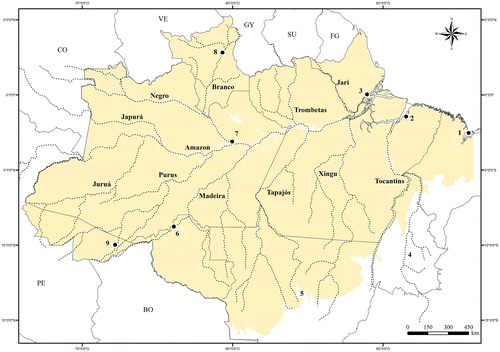 Figure 1. Map of the Brazilian Amazonia, with the main river basins, the Brazilian states which harbor the Amazonia, and the capital cities inside the Amazonia (in parenthesis). States and capitals cities: (1) Maranhão (São Luís); (2) Pará (Belém); (3) Amapá (Macapá); (4) Tocantins; (5) Mato Grosso; (6) Rondônia (Porto Velho); (7) Amazonas (Manaus); (8) Roraima (Boa Vista); (9) Acre (Rio Branco).