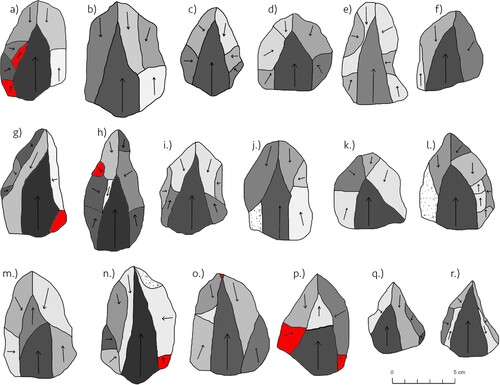 Figure 4. Diacritical illustrations of TH-69 Nubian Levallois cores, light colors are earlier in reduction and dark colors later. Red shows removals of unclear chronology.