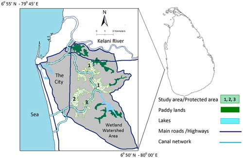 Figure 1. Map of the study area and its surroundings. The Colombo wetlands are divided into three main segments: 1 – Kolonnawa Marsh, 2 – Heen Marsh, 3 – Kotte Marsh.