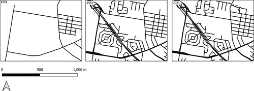 Figure 6. Street network changes in Study Area 6 (1950s to 2021).