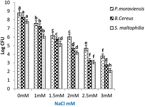 Figure 2. Colony-forming unit of endophytic PGPR measured at different concentration of NaCl in culture media. Values given are mean of four replicates ± SE. Values followed by different letters heading the bars are significantly different (p = 0.05).