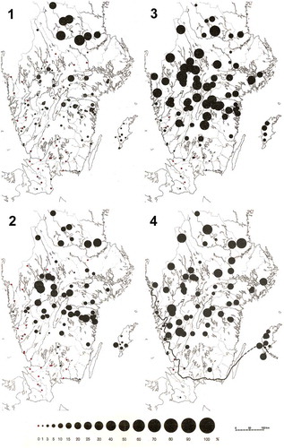 Figure 9. Picea pollen percentages (expressed as percentages of total tree pollen) at over 250 sites in southern Sweden in the (1) Sub-Boreal, (2) early Sub-Atlantic, (3) middle Sub-Atlantic, and (4) recent times. The native southern range limit (in 1924) is indicated as a solid line on the map for recent times (4). Modified from von Post (Citation1924).