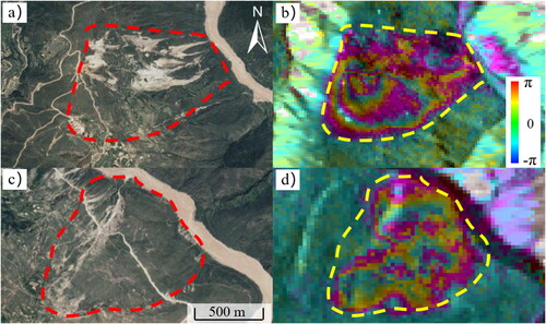 Figure 2. Examples of landslides identified by geomorphic features and InSAR deformation results.