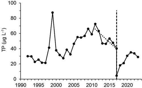 Figure 6. Spring (Mar–May) concentrations of total phosphorus (TP) in Littoistenjärvi in 1992–2023. The high peak in 1999 was caused by anoxia under the ice cover. The oblique line shows the period of declining TP during the intensified winter aeration in 2012–2017.
