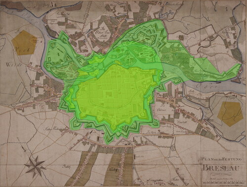 FIG. 7 Range of fortifications from the Habsburg period (yellow) and the Prussian period (green) on the plan from 1802 (GStA SPK XI. HA, ref. E 72090, PDM 1.0 DEED).