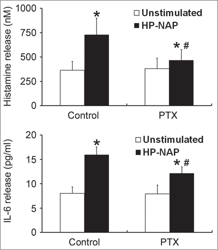 Figure 4. Inhibition of HP-NAP-induced release of histamine and IL-6 from HMC-1 cells by the treatment with PTX. HMC-1 cells were pretreated with 100 ng/mL PTX at 37°C for 16 h and then stimulated with 1 μM HP-NAP at 37°C for 30 min or 16 h for measurement of the release of histamine or IL-6, respectively. Release of histamine and IL-6 from HMC-1 cells was determined as described in Figure 3. Data were represented as the mean ± SD of 6 independent experiments for histamine release and 5 independent experiments for IL-6 release. *P < 0.05 as compared with unstimulated cells in each group; #P < 0.05 as compared with HP-NAP-stimulated cells in the control group.