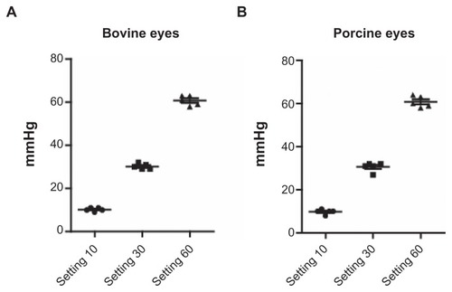 Figure 2 Validation of the instrument. Digital readout and correct application of intraocular pressure in bovine (A) and porcine (B) eyes was validated by applanation tonometry. Intraocular pressures across a range of 10–60 mmHg were accurately applied, with less than 2% variation in tonometry readings.