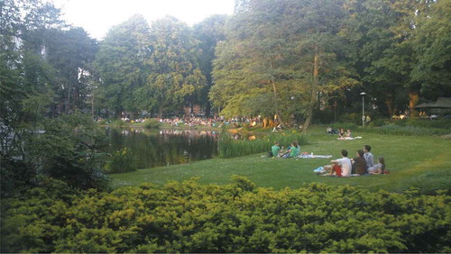 Figure 1. People near the pond catching the last of the day’s sun