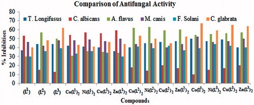 Figure 4. Comparison of antifungal activity of (L1–L3) and their metal(II) complexes.